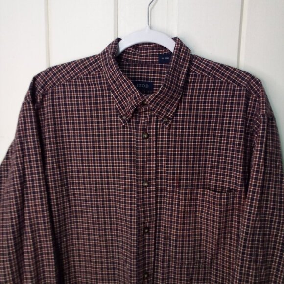 Izod Shirt Men L Button Down Long Sleeve Plaid Black Red - Picture 4 of 14